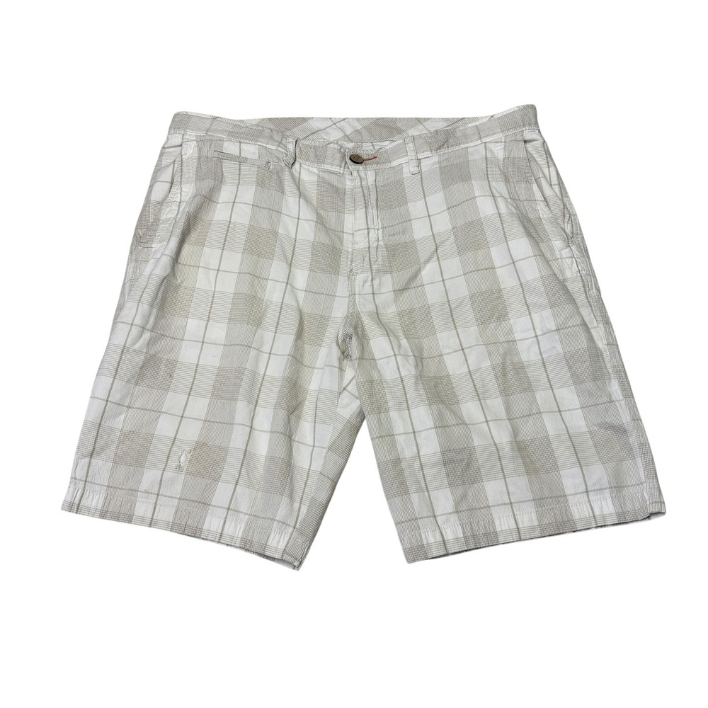 Tommy Bahama Relax Mens W36xL10 Tan White Plaid Tencel Cotton Blend Shorts